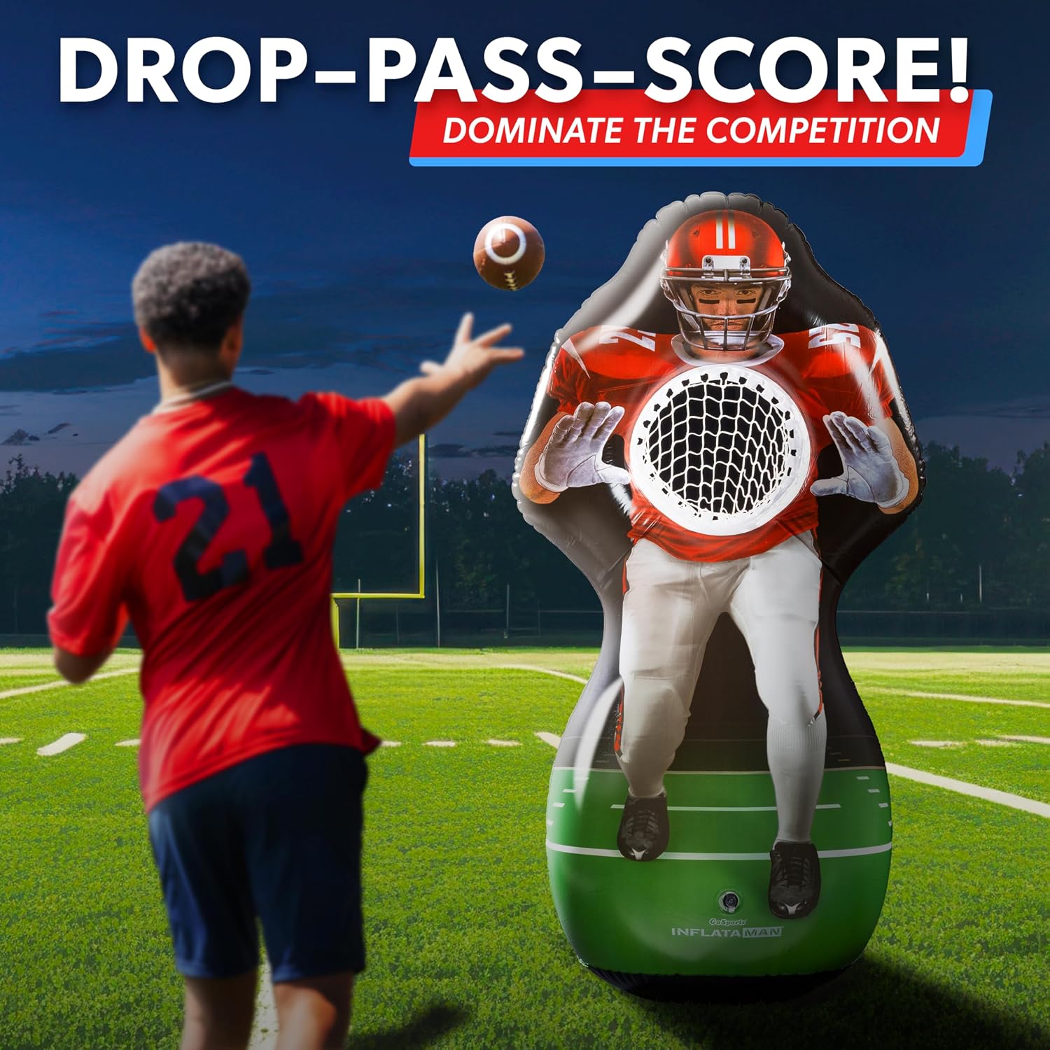 GoSports Inflataman Football Challenge - Includes 4 Rubber Footballs, Ball Pump, and Scoreboard - Inflatable Receiver Touchdown Toss Game - Image 2