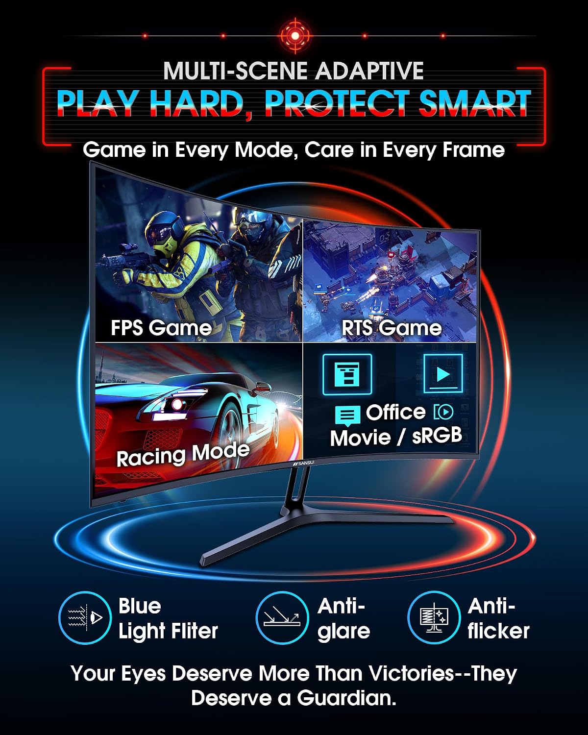 SANSUI 27 Inch Curved 240Hz Gaming Monitor FHD 1080P, 1500R Curve Computer Monitor, 130% sRGB, 4000:1 Contrast, HDR, FreeSync, MPRT 1Ms, Low Blue Light, HDMI DP Ports, Metal Stand, Cable Incl. - Image 8